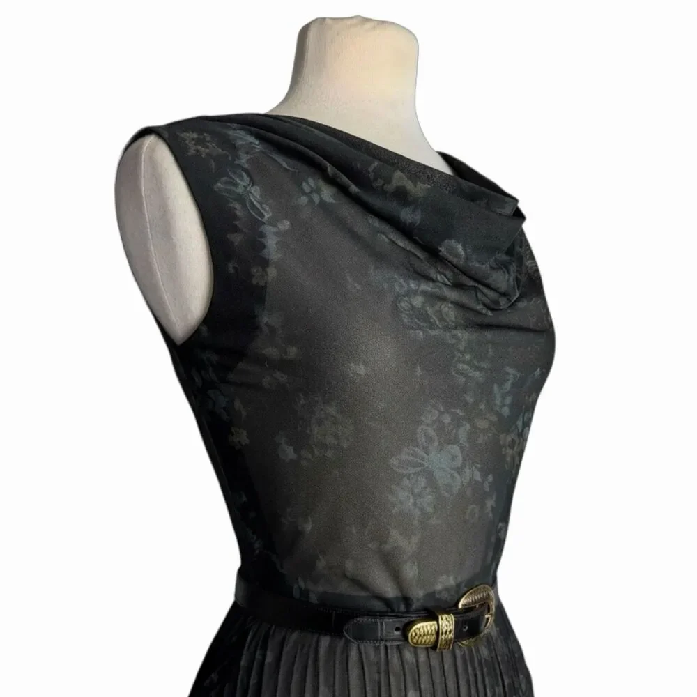 Whimsigoth Black Pleated Midi Dress Sheer Chiffon Cowl Neck Floral Small